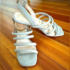 Mimi Strappy Leather Block Cork Square Toe Sandal/Heel, grey, size 6